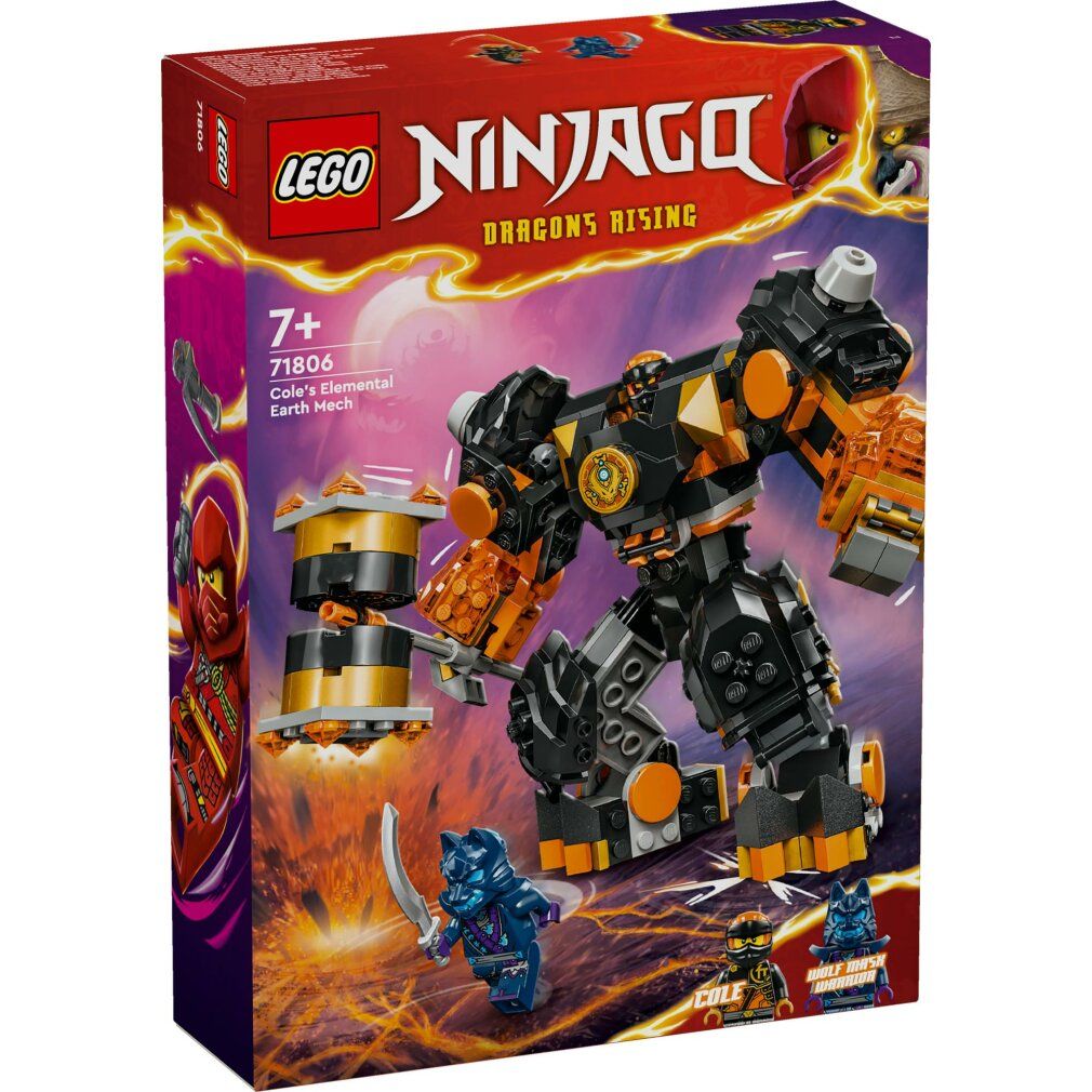 LEGO NINJAGO Mech Elemento di Terra di Cole. Zwarte robot met oranje details. Verpakking met productafbeelding.