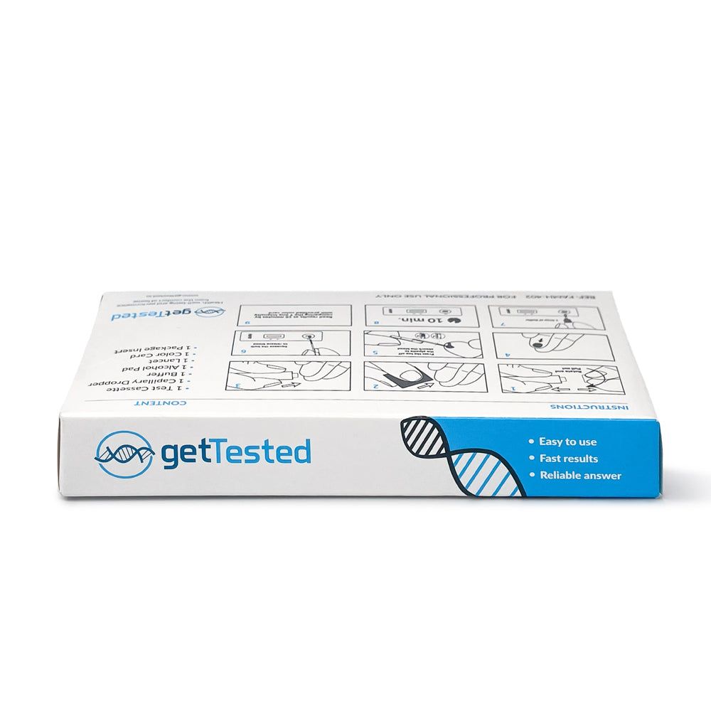 GetTested verpakking plat. Bovenkant: gebruik illustraties en componentenlijst. Onderkant: productnaam.