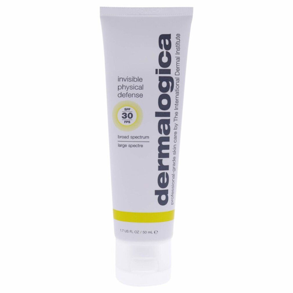 Tube blanc avec bande jaune. Texte: Invisible Physical Defense, SPF 30, Dermalogica. Inscription: broad spectrum & large spectre.