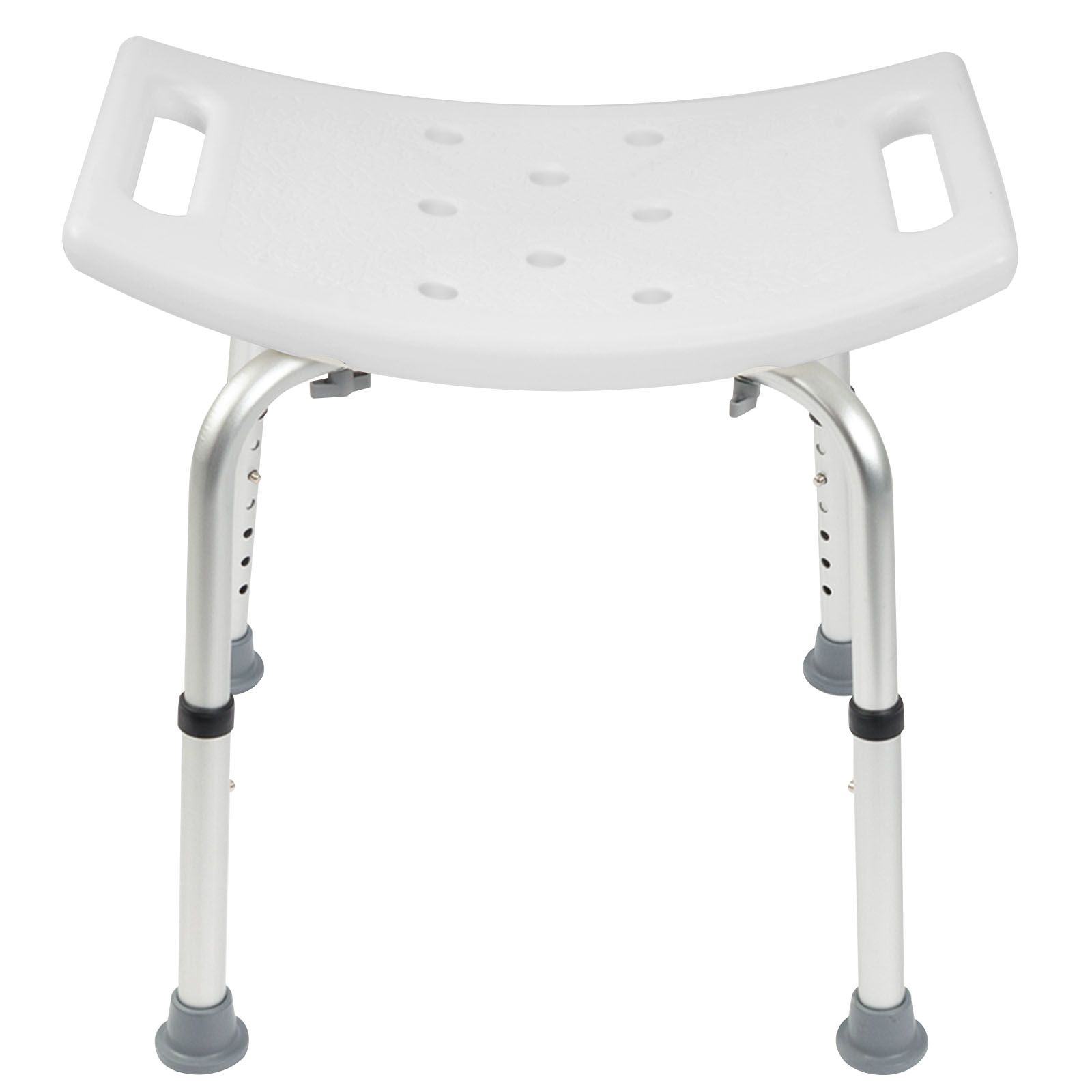 Tabouret de douche blanc, pieds argentés, pieds gris. Réglable en hauteur.