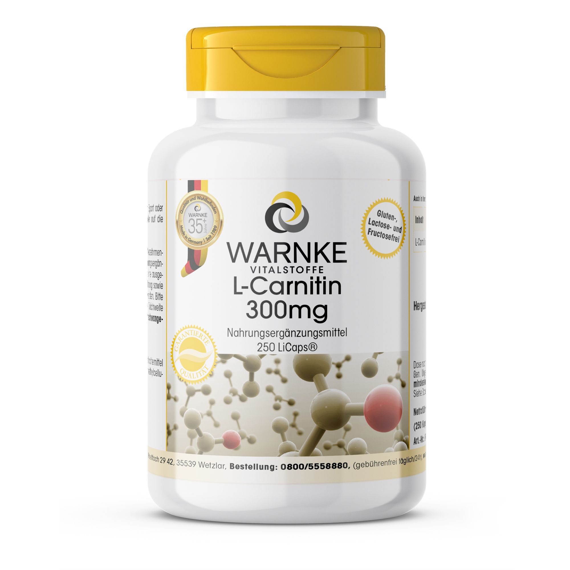 Flacon blanc à bouchon jaune. Inscription: Warnke Vitalstoffe L-Carnitine 300mg. Complément alimentaire. 250 LiCaps. Avec certifications.