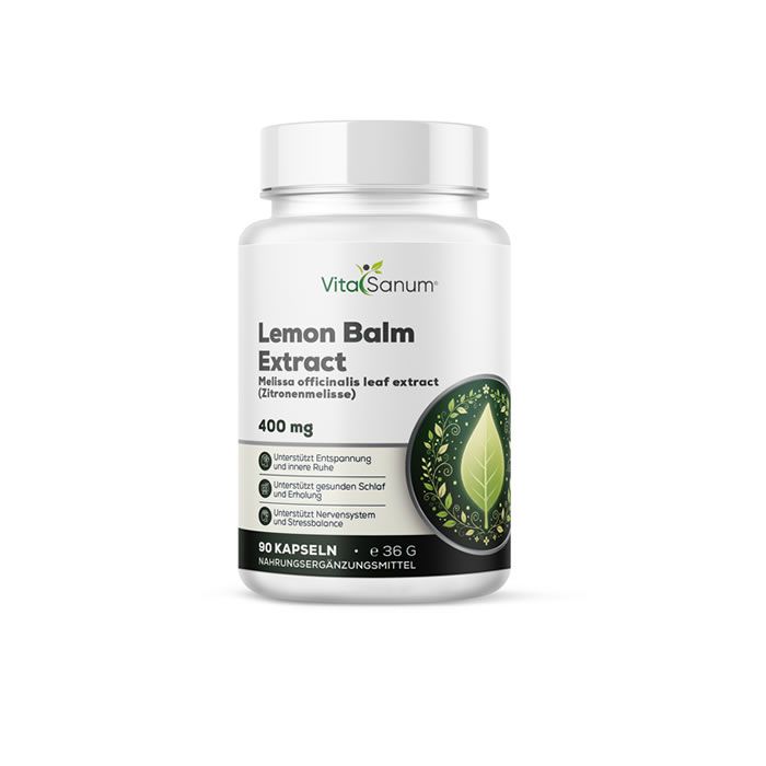 Flacon blanc avec étiquette. Inscription: VitaSanum, Lemon Balm Extract, 400 mg, 90 capsules. Illustration d'une feuille.
