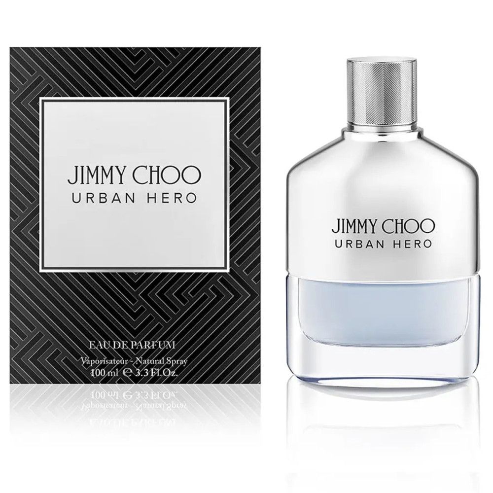 Parfumfles en doos. Fles: zilveren dop, witte body, blauwe bodem. Opschrift: JIMMY CHOO URBAN HERO.
