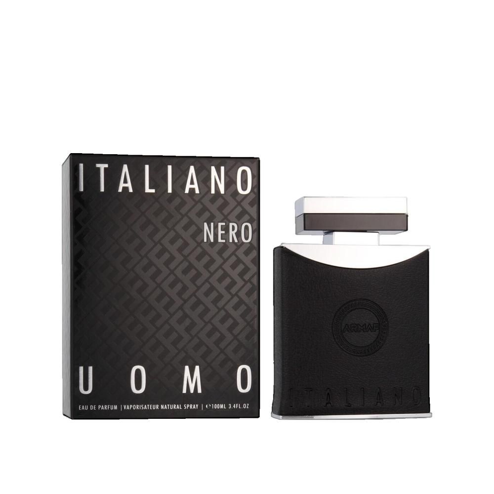 Emballage et flacon noirs. Sur l'emballage, ITALIANO NERO UOMO. Flacon avec bouchon argenté.