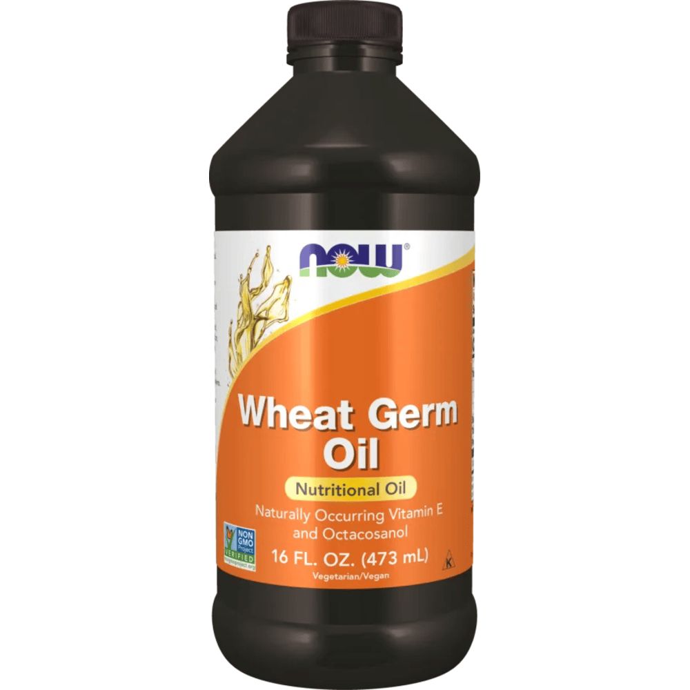 Bruine fles met oranje etiket. Opschrift: Wheat Germ Oil, Nutritional Oil. Merk: NOW. Bevat vitamine E en octacosanol. 16 Fl. Oz.