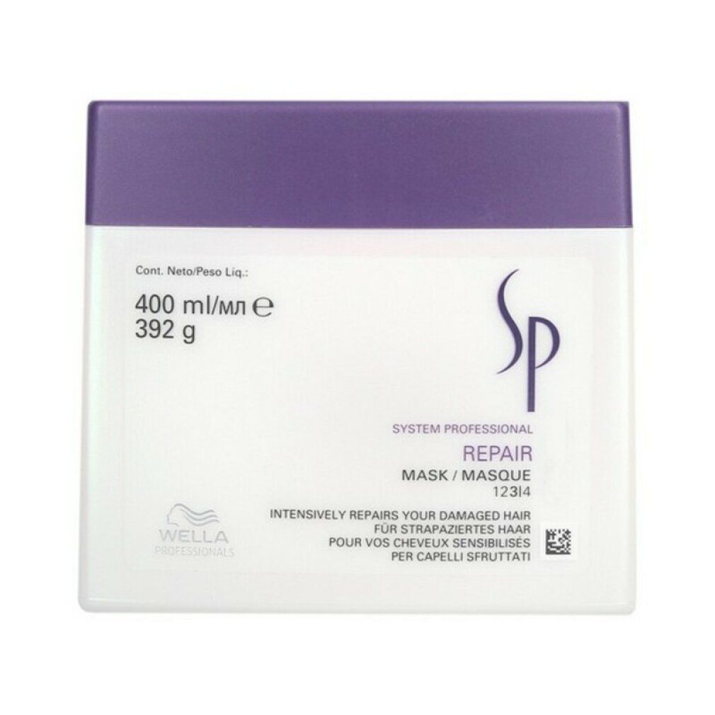 Witte pot met paarse deksel. Opschrift: SP Repair Mask. Bevat 400 ml. Tekst in meerdere talen.
