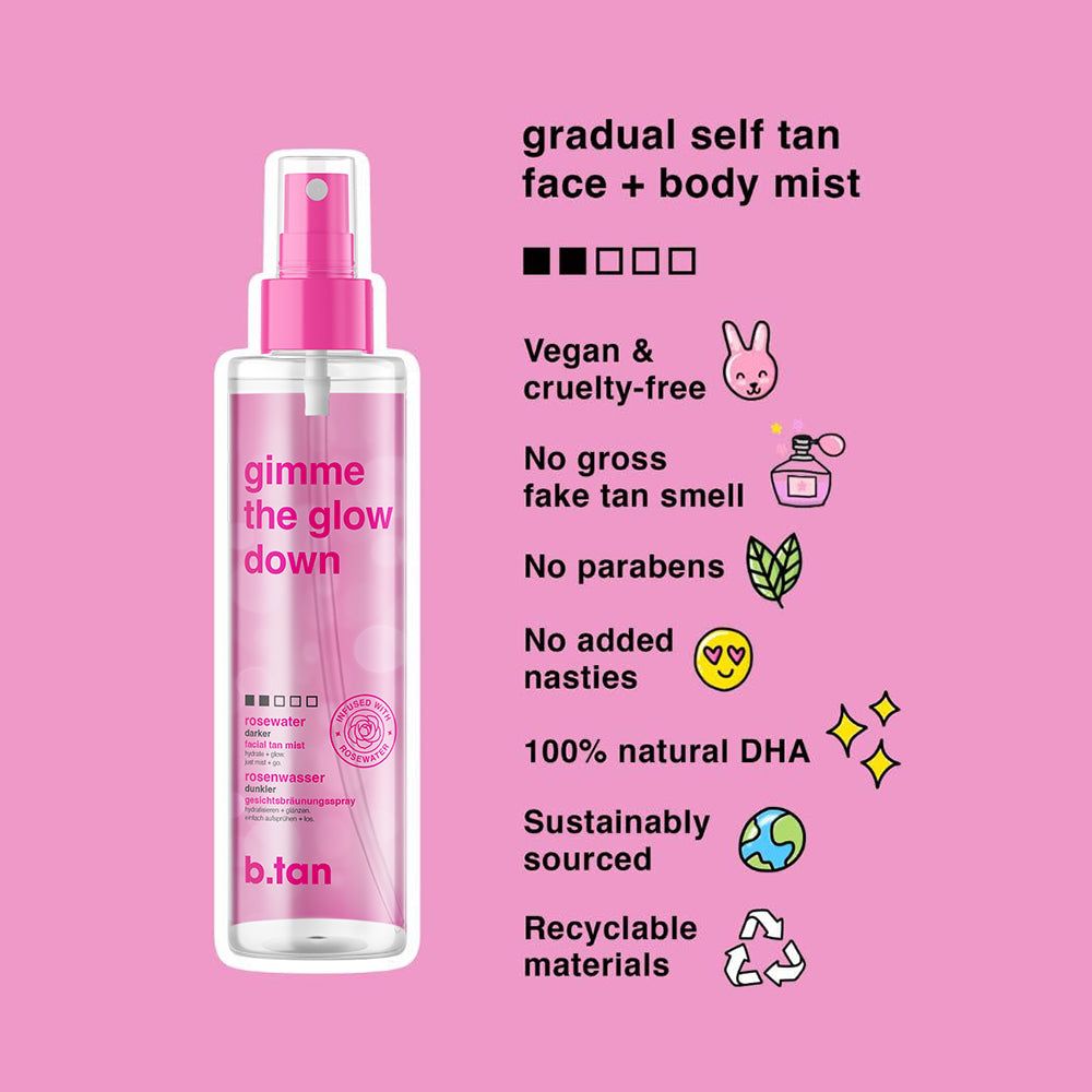 Fond rose avec informations produit. Texte : Vegan & sans cruauté, pas de mauvaise odeur, sans parabènes, 100% DHA naturel.