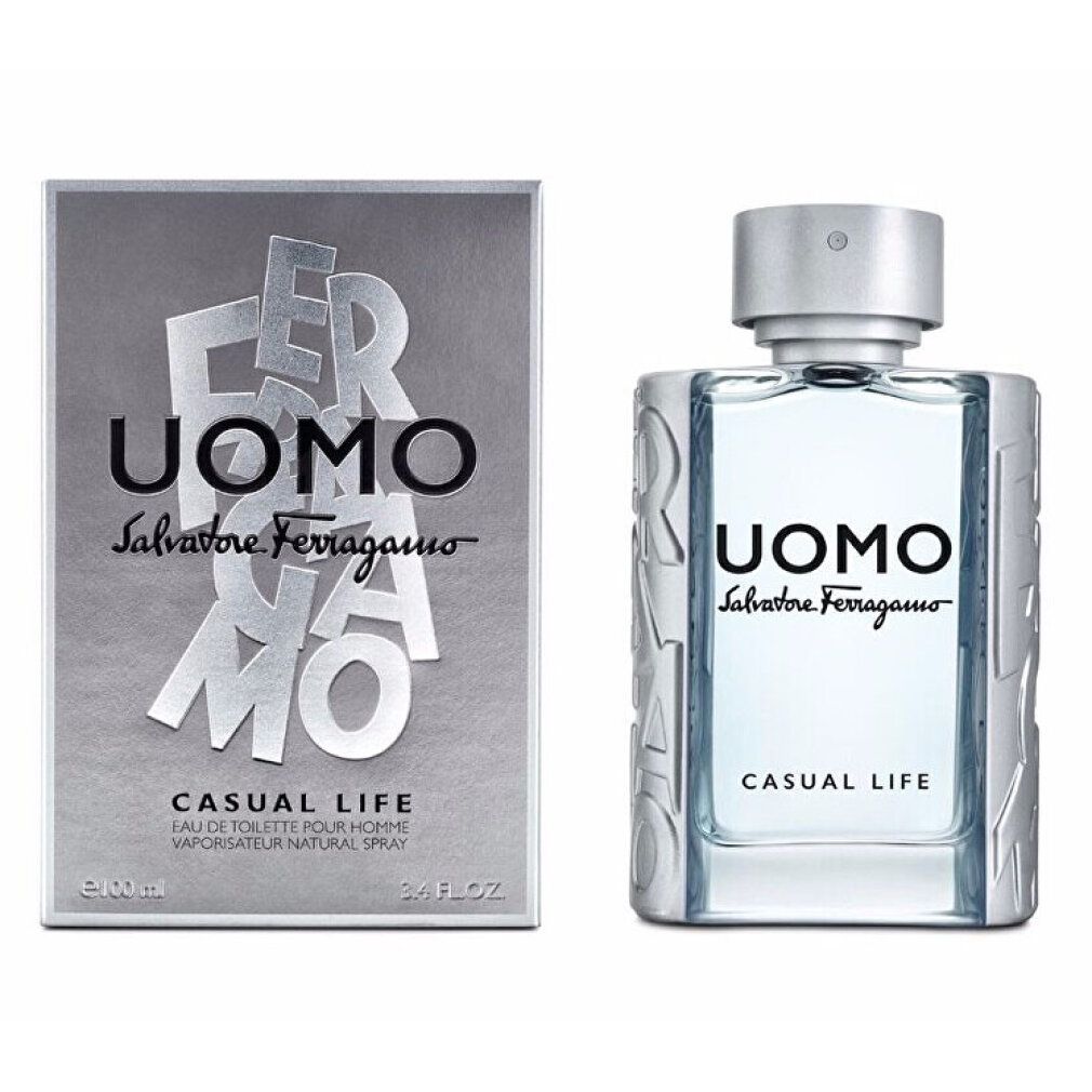 UOMO Casual Life Eau de Toilette Spray et emballage. Flacon et boîte rectangulaires. Inscriptions UOMO, Salvatore Ferragamo, Casual Life.