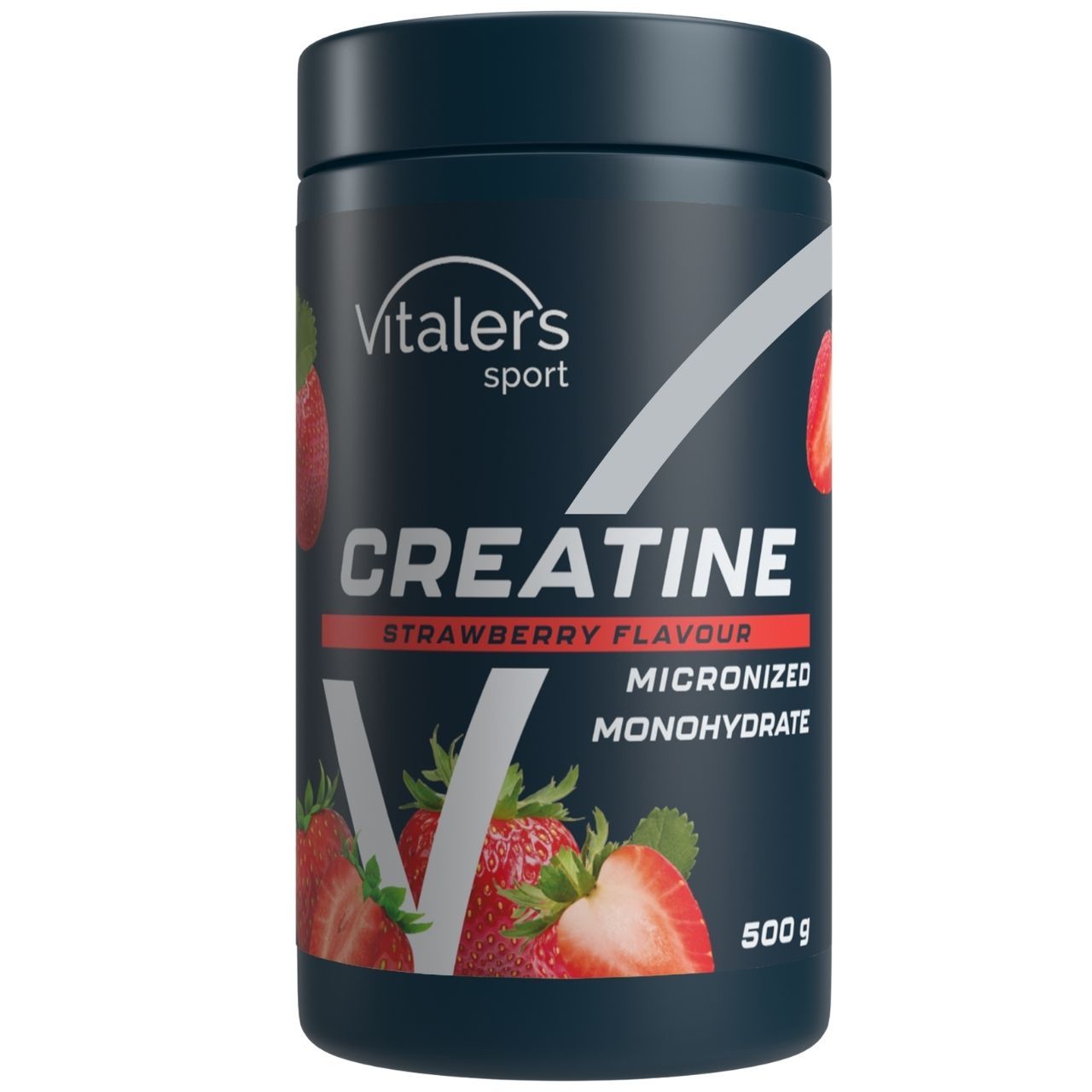 Donker vat met etiket 'Vitaler’s Sport Creatine Monohydraat Aardbeiensmaak' met vermelding van 500g, met aardbeienafbeeldingen.