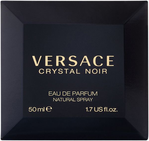 Zwarte doos. Opschrift: VERSACE CRYSTAL NOIR, Eau de Parfum, 50 ml.