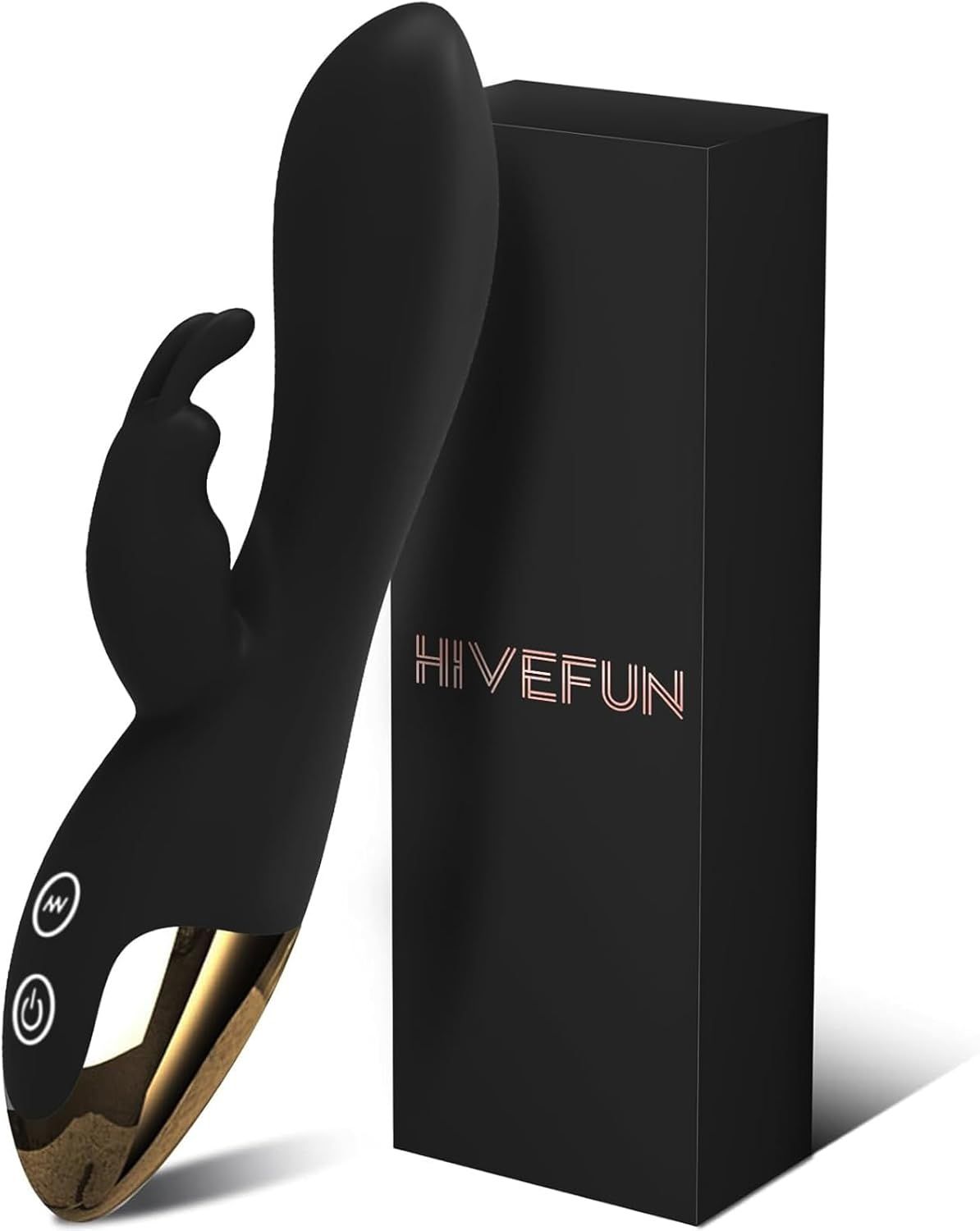 Vibrateur G-spot noir avec accent doré et emballage.