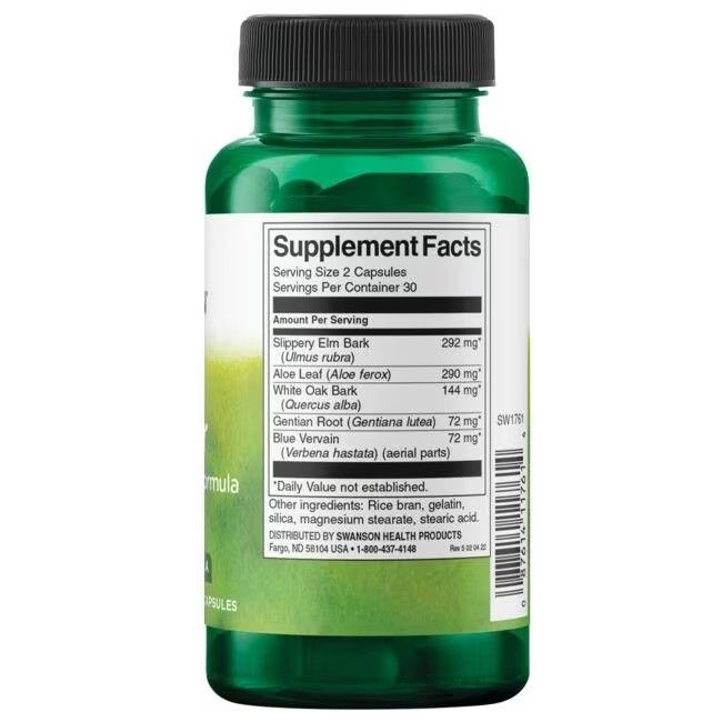 Dos du flacon vert. Contient des informations nutritionnelles et des ingrédients. Texte: SWANSON Health Products. Code-barres.