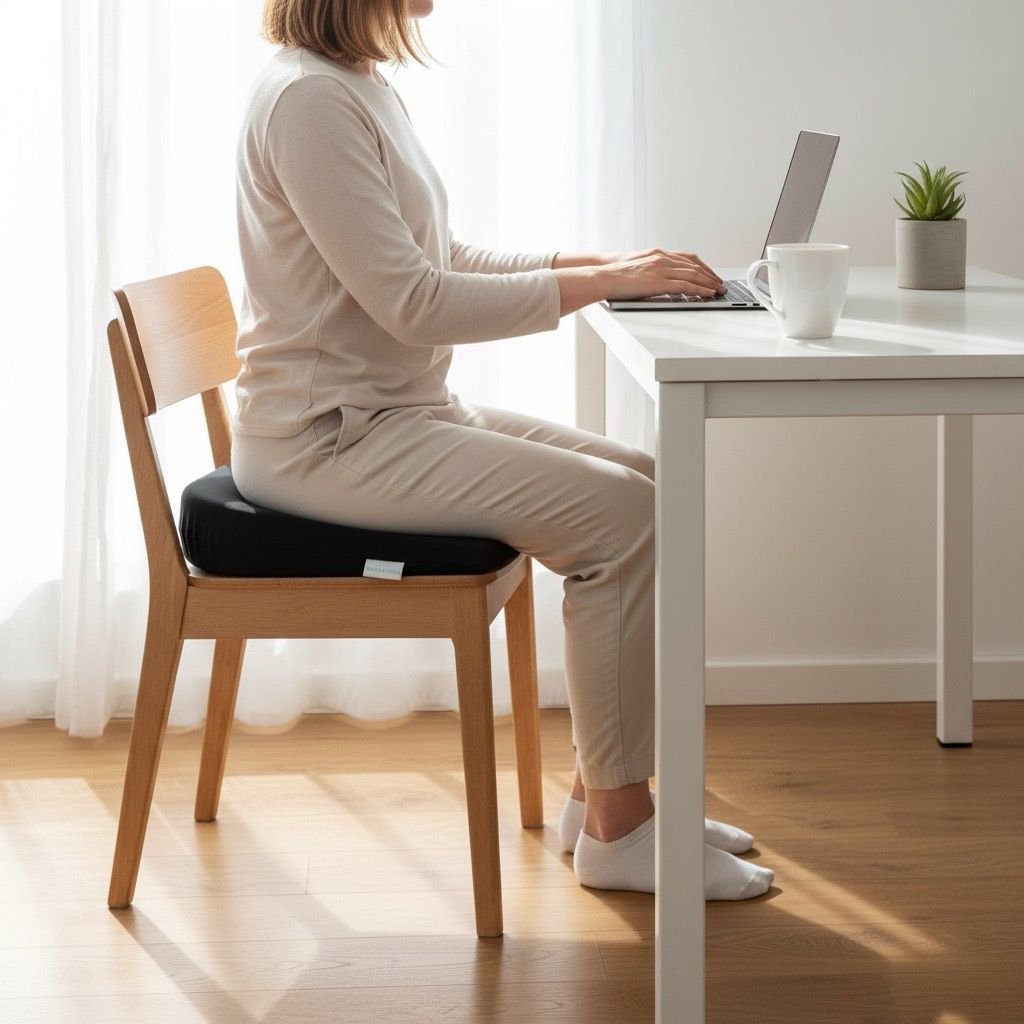 Personne assise sur un coussin de siège noir en forme de coin sur une chaise. Ordinateur portable sur la table.