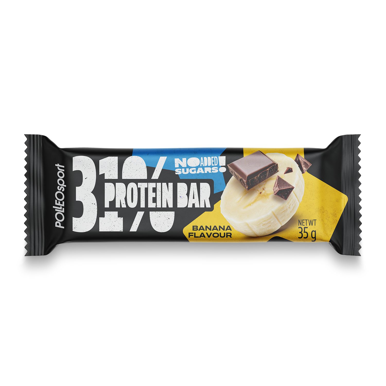 Eiwitreep met bananensmaak. Zwarte verpakking met logo en opschrift '31% Protein Bar'. Afbeelding van banaan en stukjes chocolade.