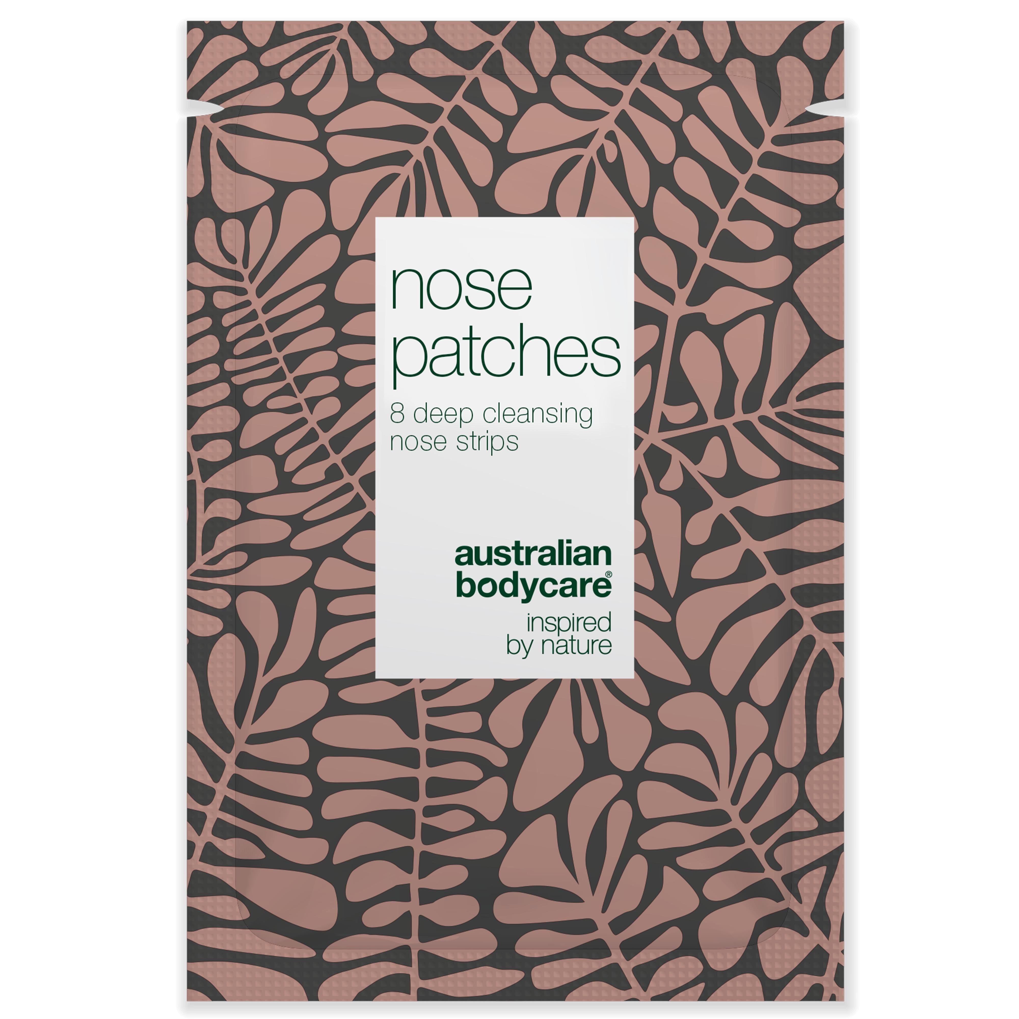 Sachet de patchs pour le nez. Texte: nose patches, 8 deep cleansing nose strips. Marque: Australian Bodycare.