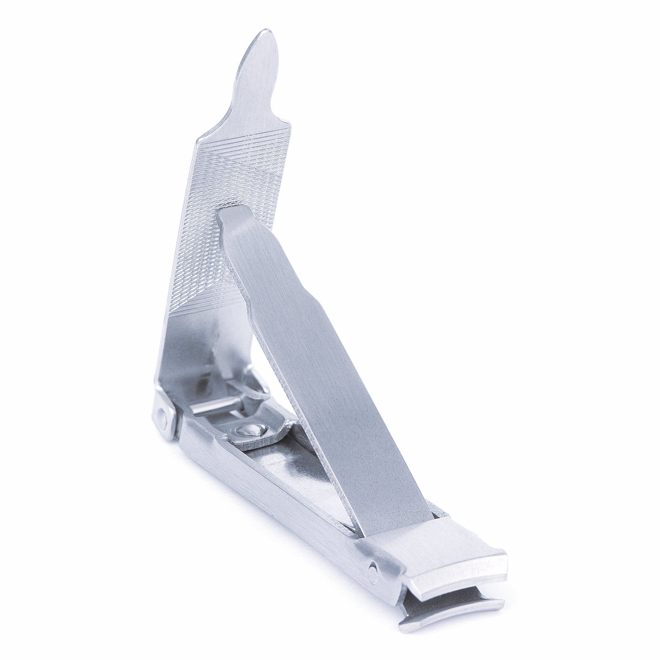 Coupe-ongles en métal mat, lames trempées. Ouvert, avec manche et lime. Inoxydable.