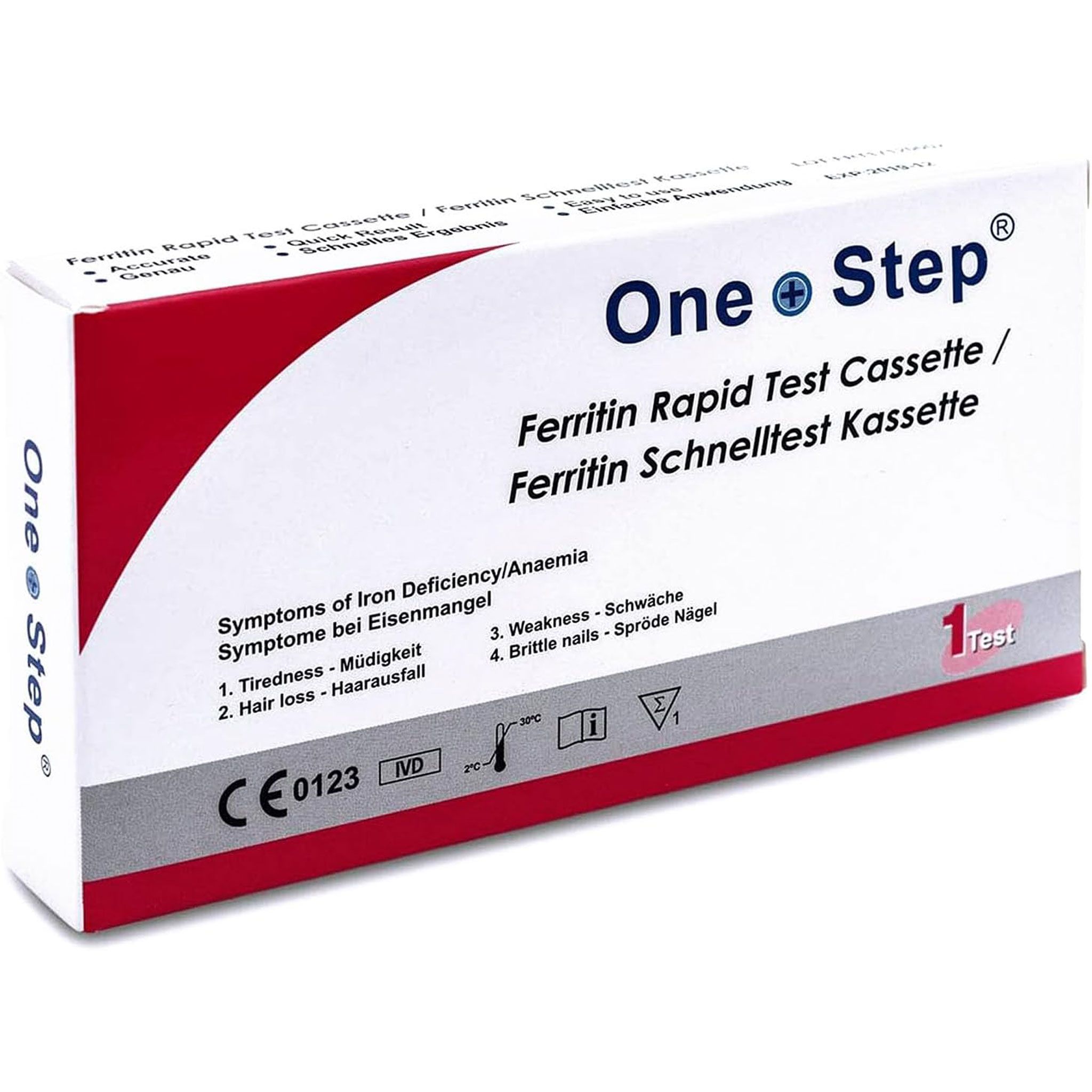 Verpakking van de One+Step ijzertekort sneltest. Opschrift: Ferritin Rapid Test Cassette. Met CE-markering en symptomen van ijzertekort.