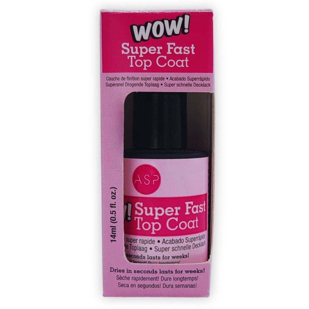 Flacon de vernis à ongles dans un emballage rose. Inscription: Super Fast Top Coat. Marque: ASP. Volume: 14ml.