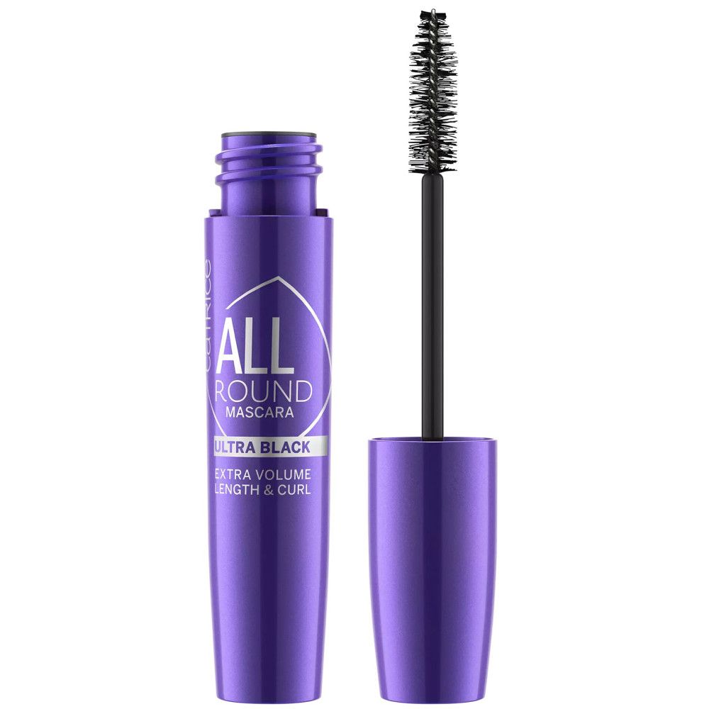 Paarse mascaraborstel met zwarte borstel. Opschrift: ALL ROUND MASCARA ULTRA BLACK. Extra volume, lengte & krul.