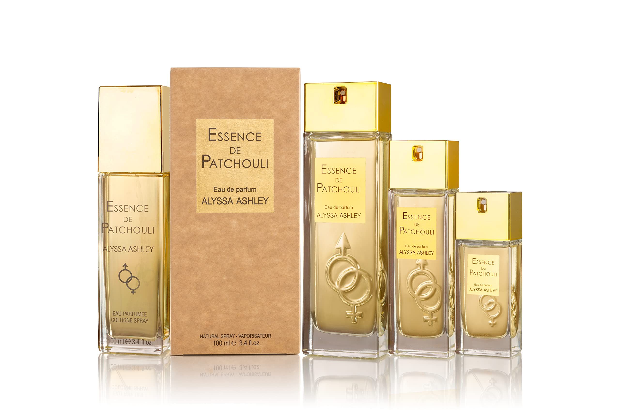 Flesjes Alyssa Ashley Patchouli Eau de Parfum in verschillende maten en doosje.