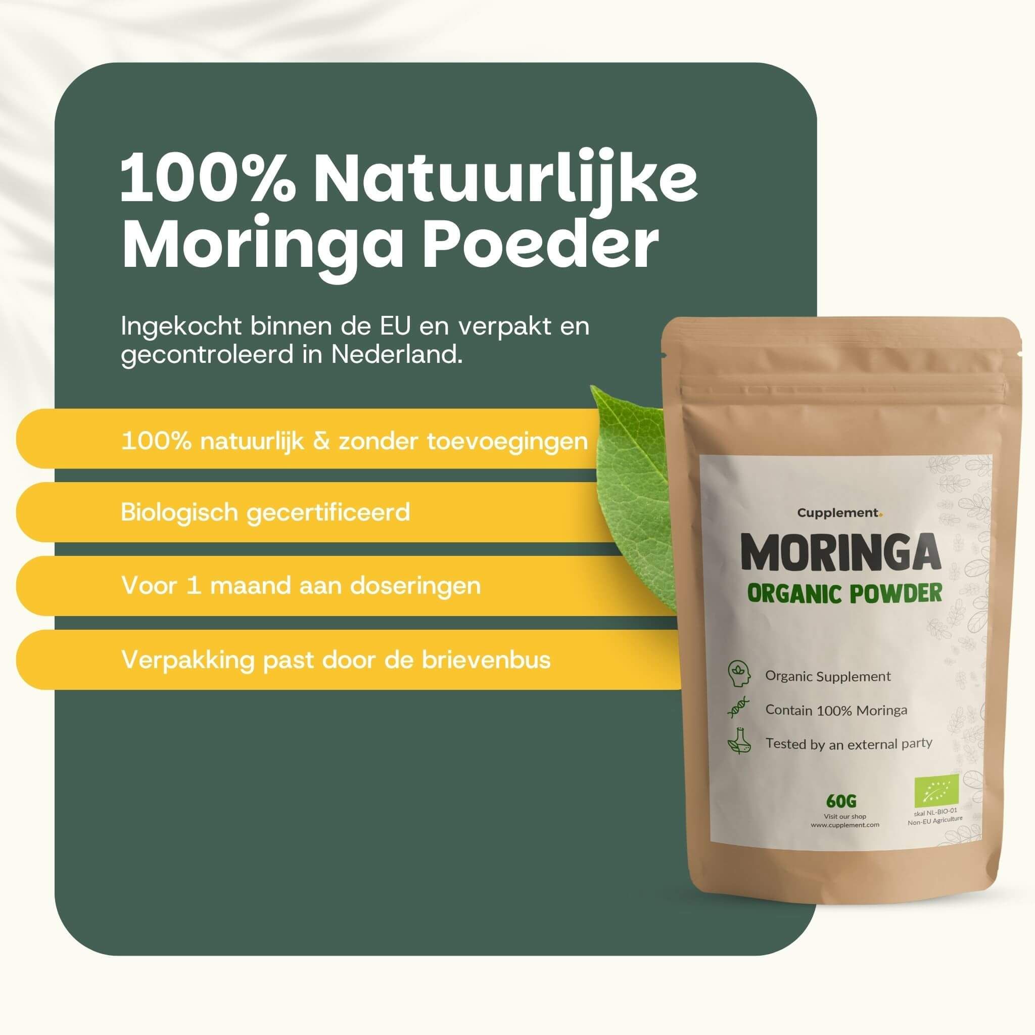 Bruin zakje Cupplement Moringa BIO. Tekst: Organic Supplement, 100% Moringa, 60g. Voordelen: energie, stress, bloedsuiker.