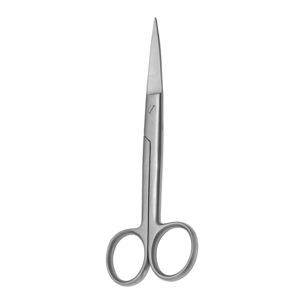 Chirurgische schaar, puntig. Gemaakt van metaal. Met twee vingerringen. Op witte achtergrond.
