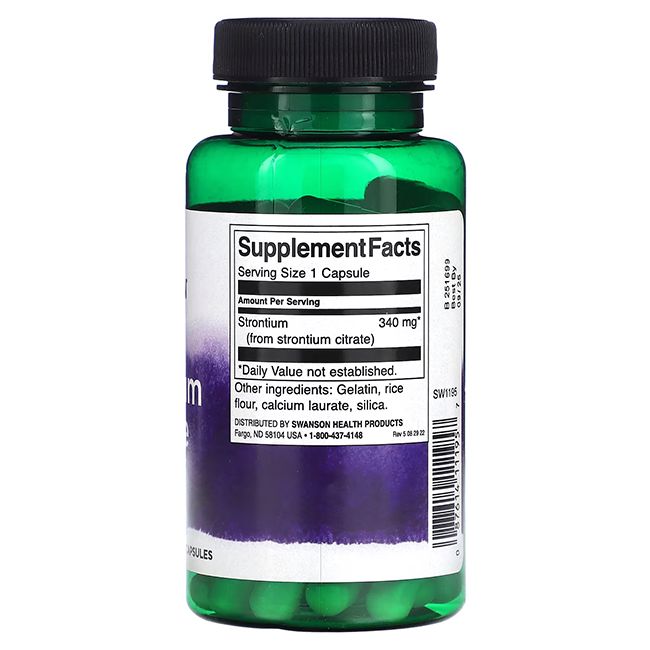Flacon vert avec bouchon noir. Dos avec informations nutritionnelles: Strontium 340 mg, ingrédients, 60 capsules.