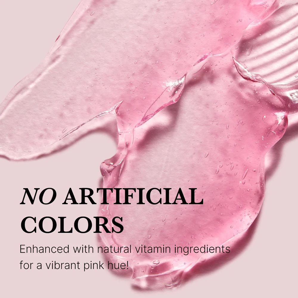 Roze geltextuur. Tekst: NO ARTIFICIAL COLORS. Roze achtergrond.