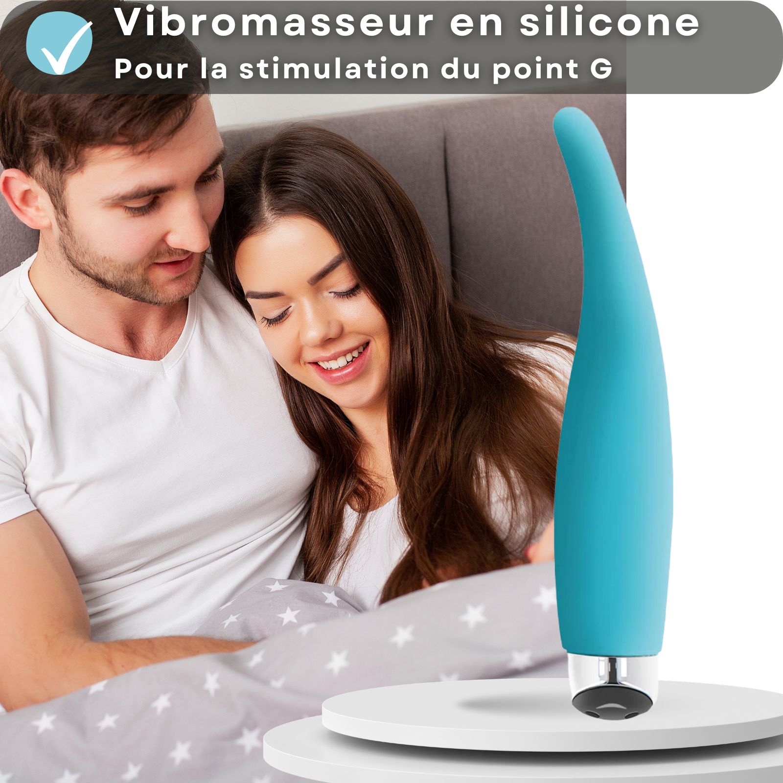 Vibrateur bleu. Texte: 7 vibrations, rechargeable USB.