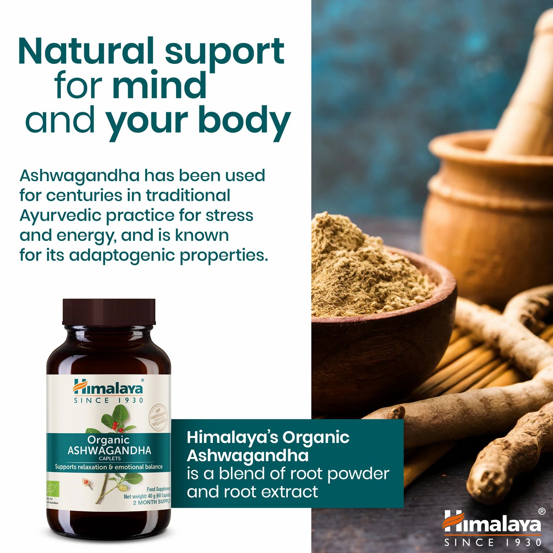 Flacon marron de gélules, poudre, racines. Texte: Himalaya Organic Ashwagandha.