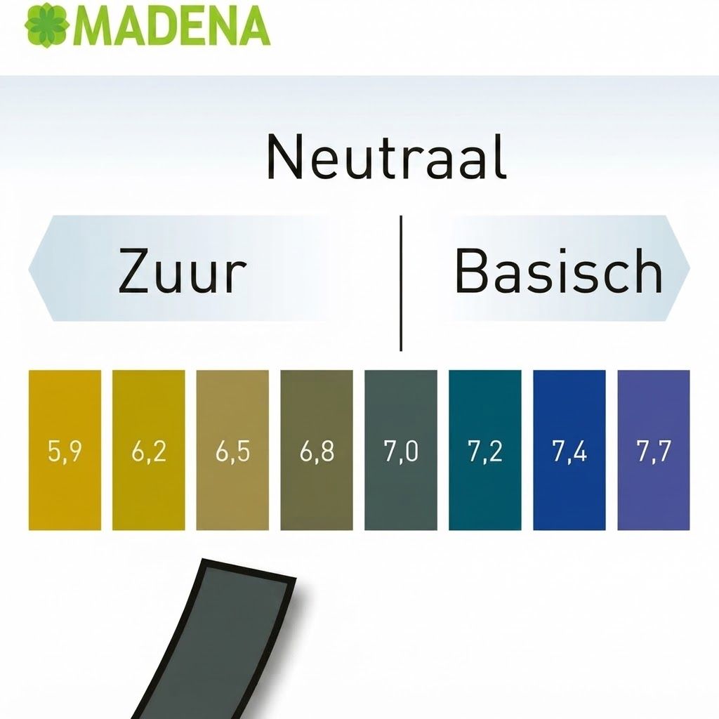 pH-schaal van 5,9 (zuur) tot 7,7 (basisch) met kleurstalen. MADENA.