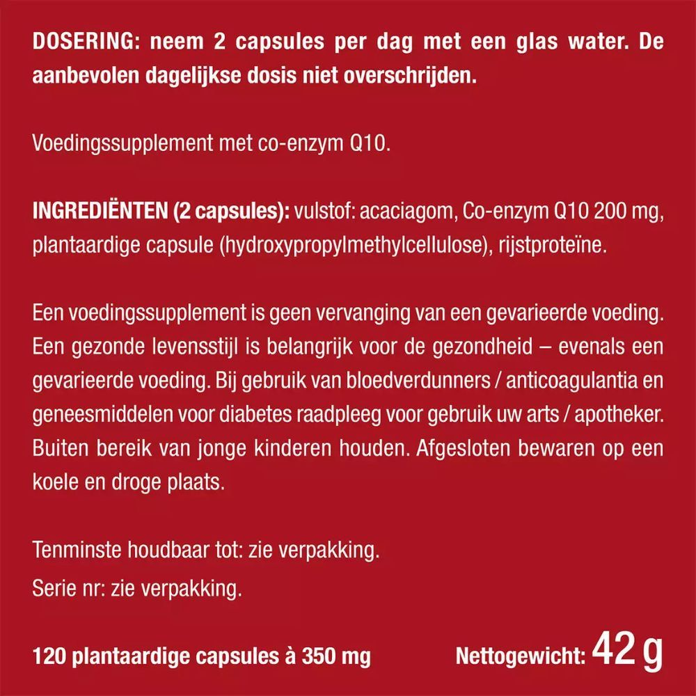 Tekst met informatie over ingrediënten en gebruik. Bevat 120 capsules. Nettogewicht: 42 g.
