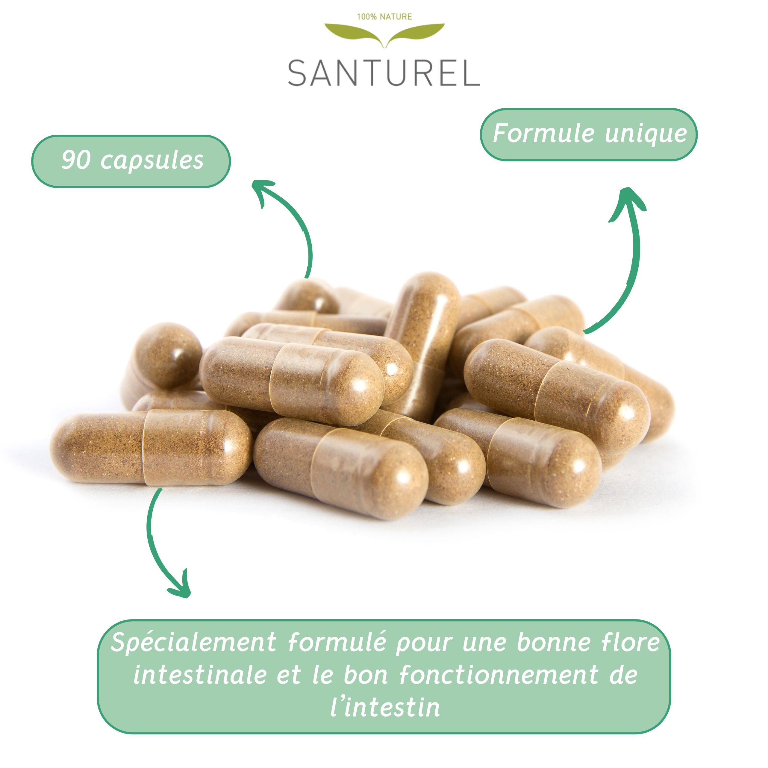 Gélules brunes sur fond blanc. Texte : 90 gélules, Spécialement formulé pour une bonne flore intestinale. Formule unique.