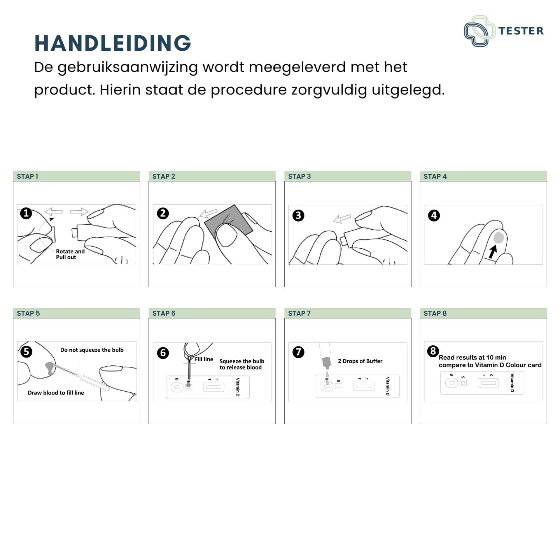 Handleiding voor een vitamine D zelftest in 8 stappen. Toont bloedafname en testprocedure.