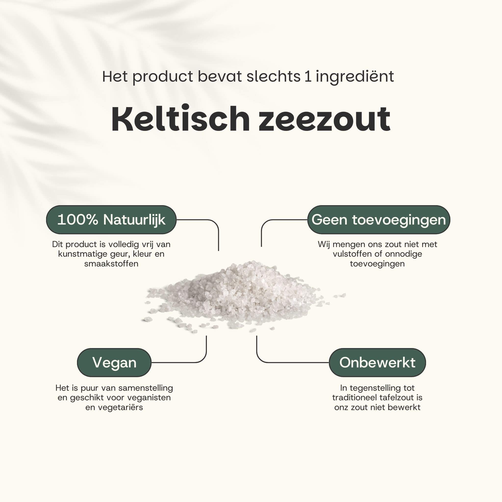 Keltisch zeezout. Tekst: 100% natuurlijk, geen toevoegingen, veganistisch, onbewerkt. Zout op witte achtergrond.