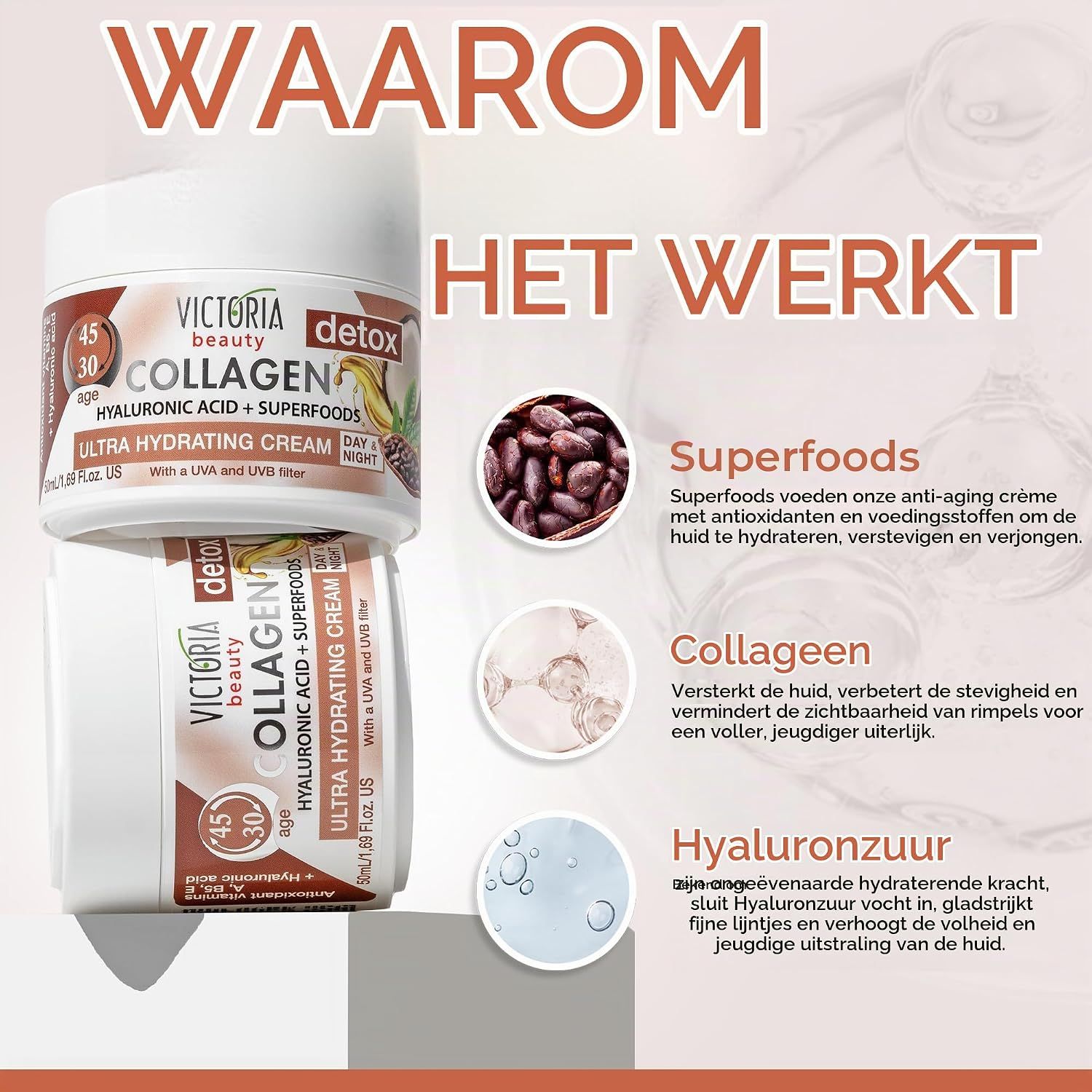 Victoria Beauty Collageencrème pot met gebruiksinstructies.