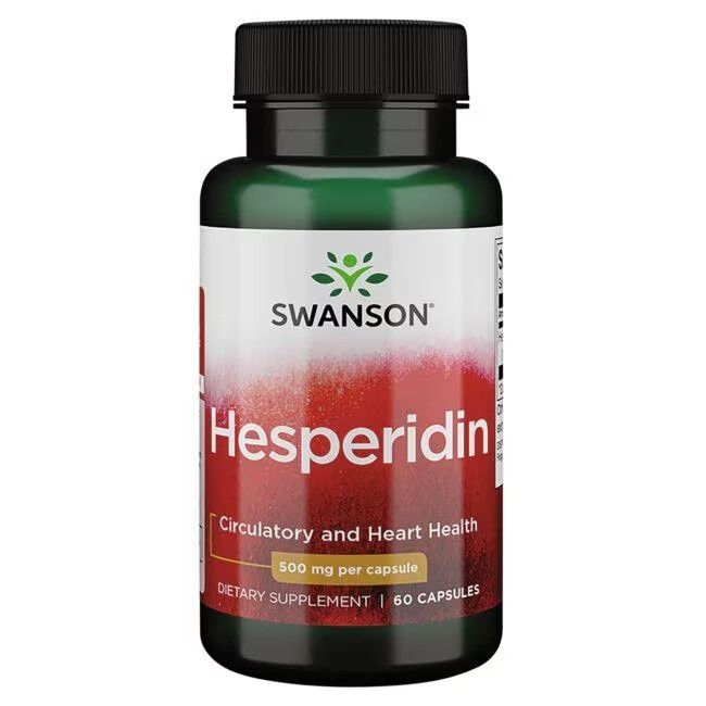 Flacon vert avec bouchon noir. Étiquette avec SWANSON, Hespéridine, 500 mg par capsule. 60 capsules.