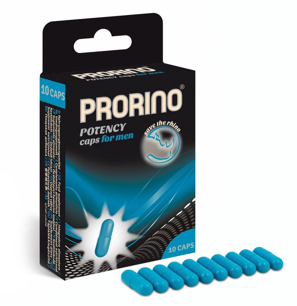 Emballage et 10 gélules bleues de PRORINO POTENCY CAPS FOR MEN.