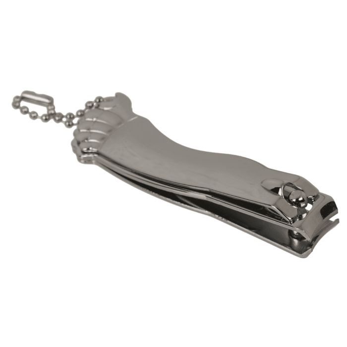 Coupe-ongles fermé en forme de pied, argenté. Avec chaîne.