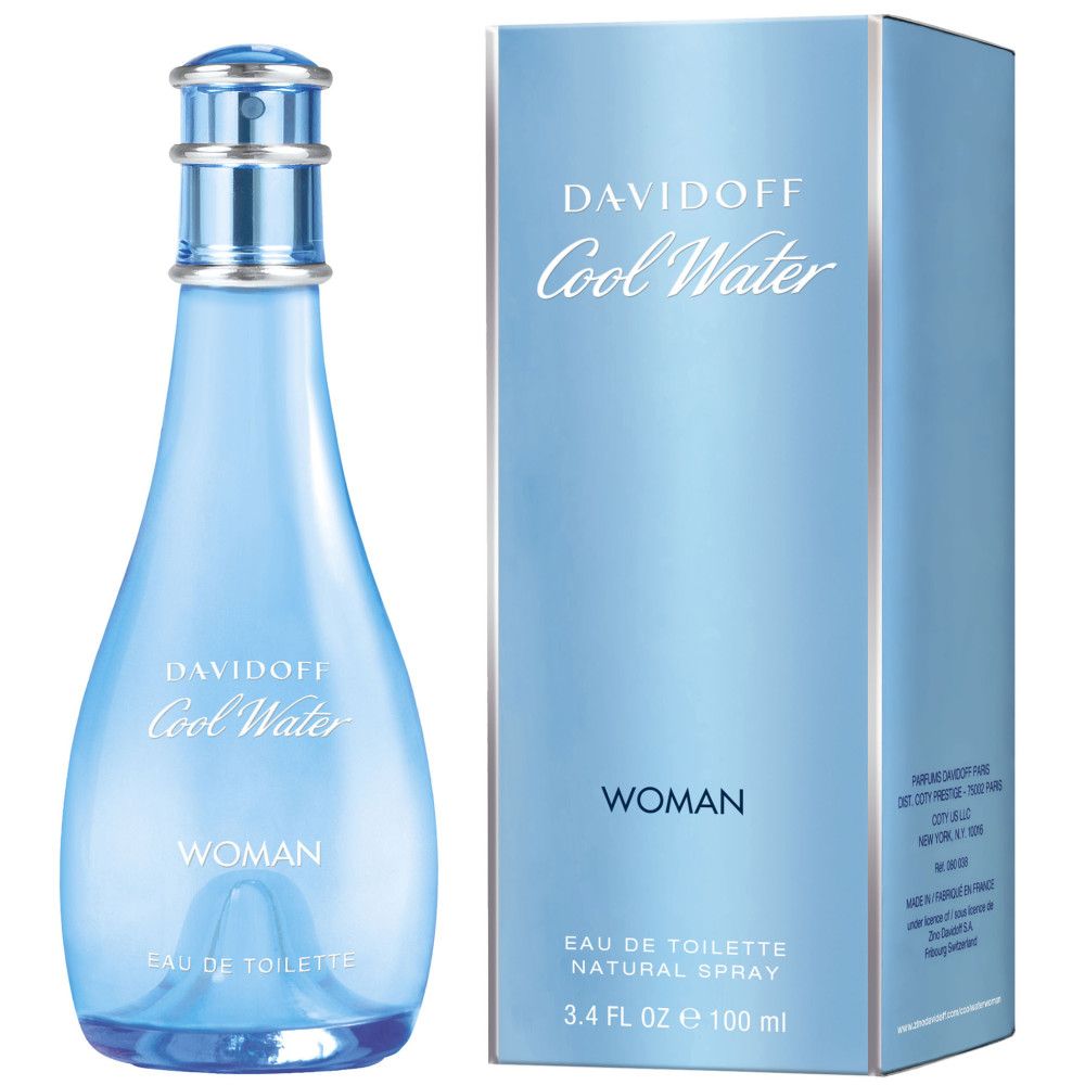Blauwe parfumfles en doos. Opschrift: DAVIDOFF Cool Water WOMAN. Fles met verstuiver.