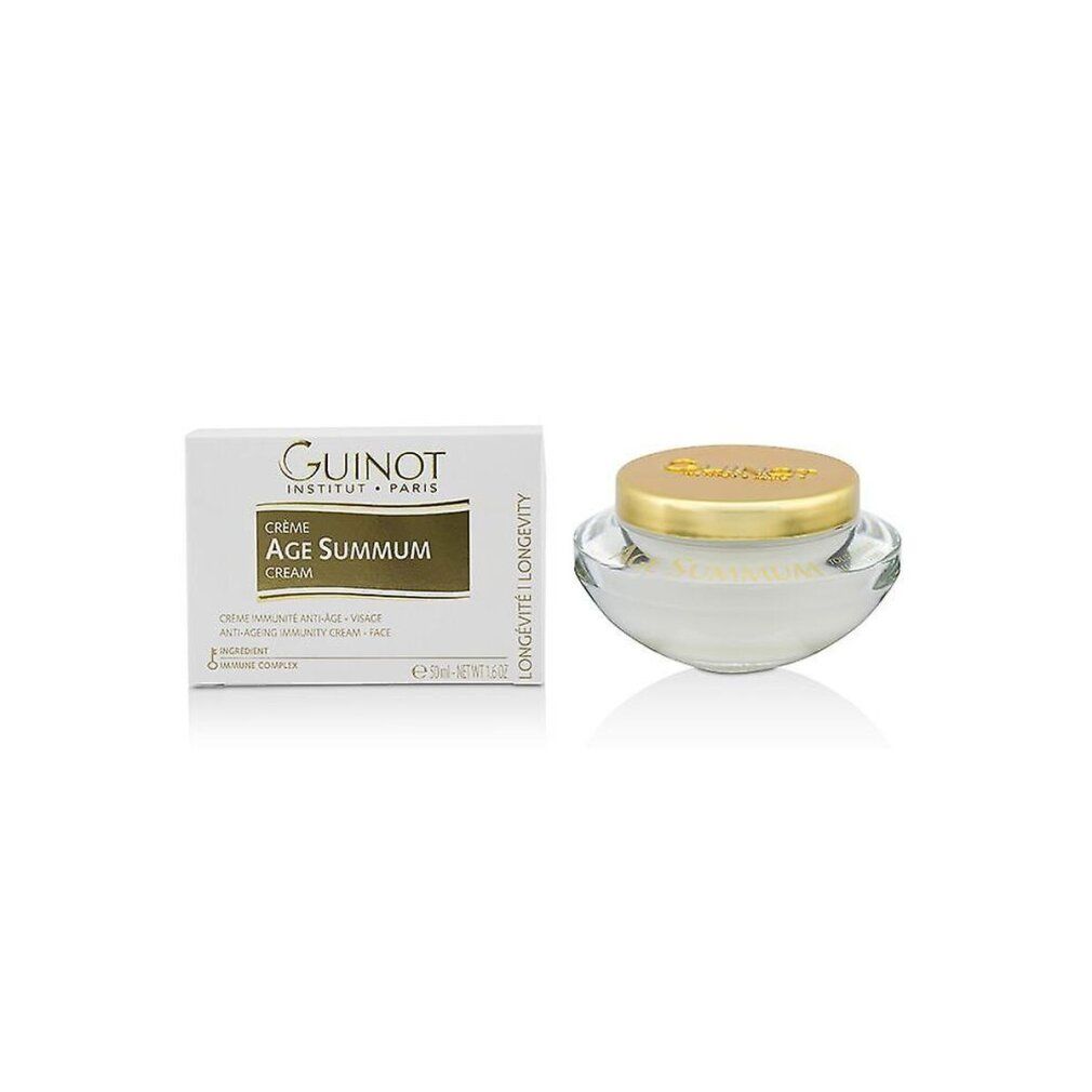 Crèmepot naast witte doos. Opschrift 'GUINOT', 'AGE SUMMUM'. Crème voor het gezicht. 50 ml.