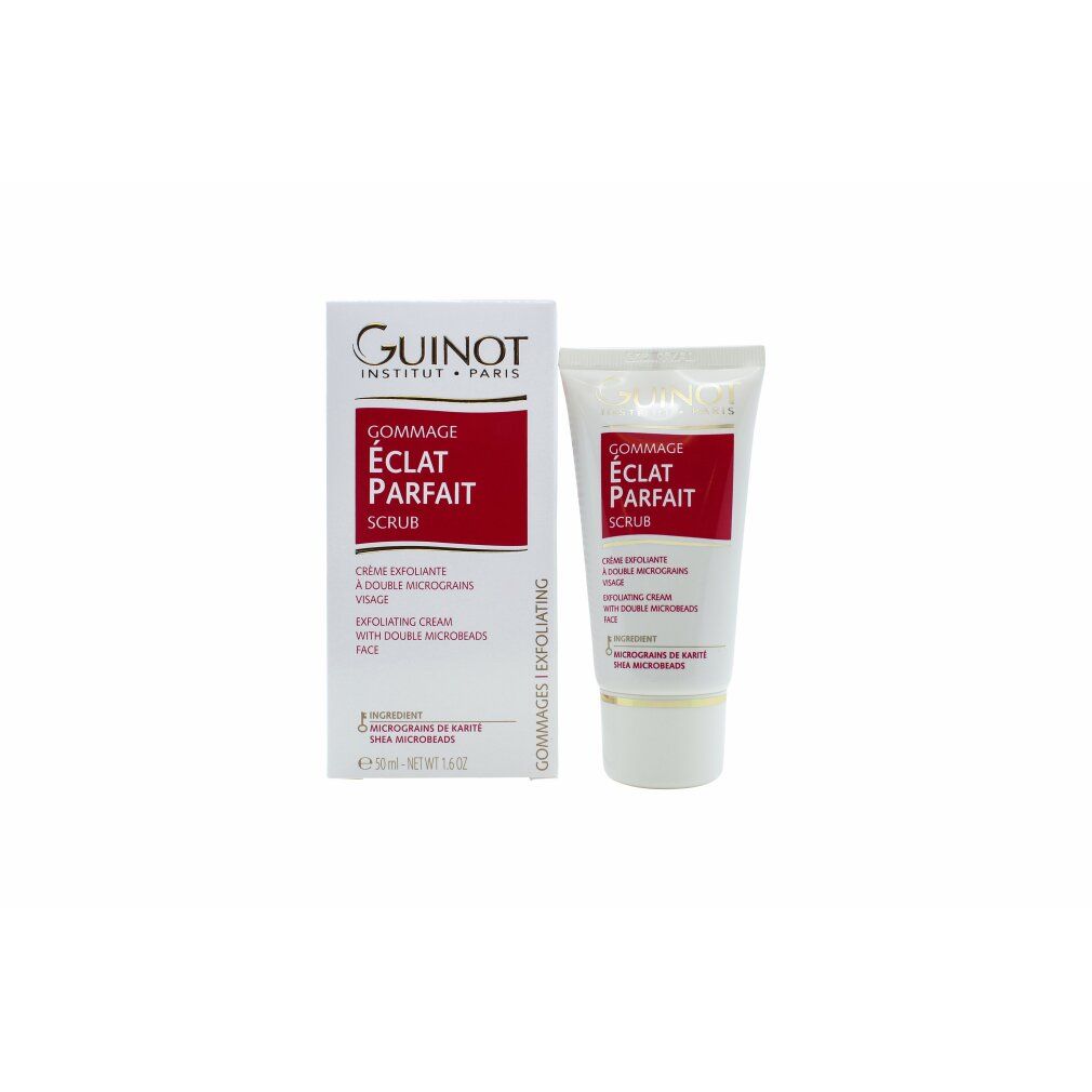 Emballage et tube. Inscription: Guinot, Gommage Eclat Parfait, Scrub. Avec informations produit.