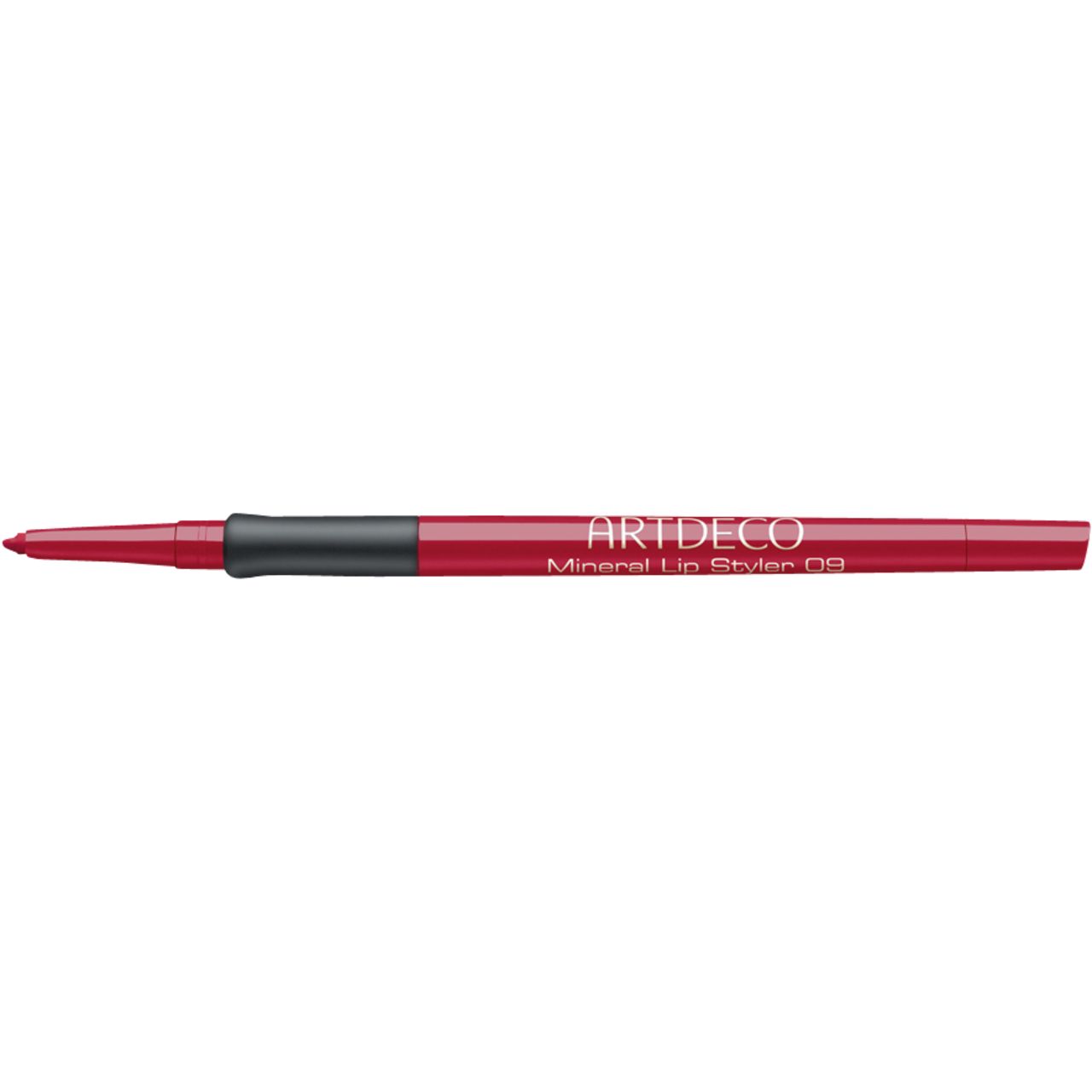 Rode lipliner. Zwarte handgreep. Opschrift: ARTDECO Mineral Lip Styler 09.