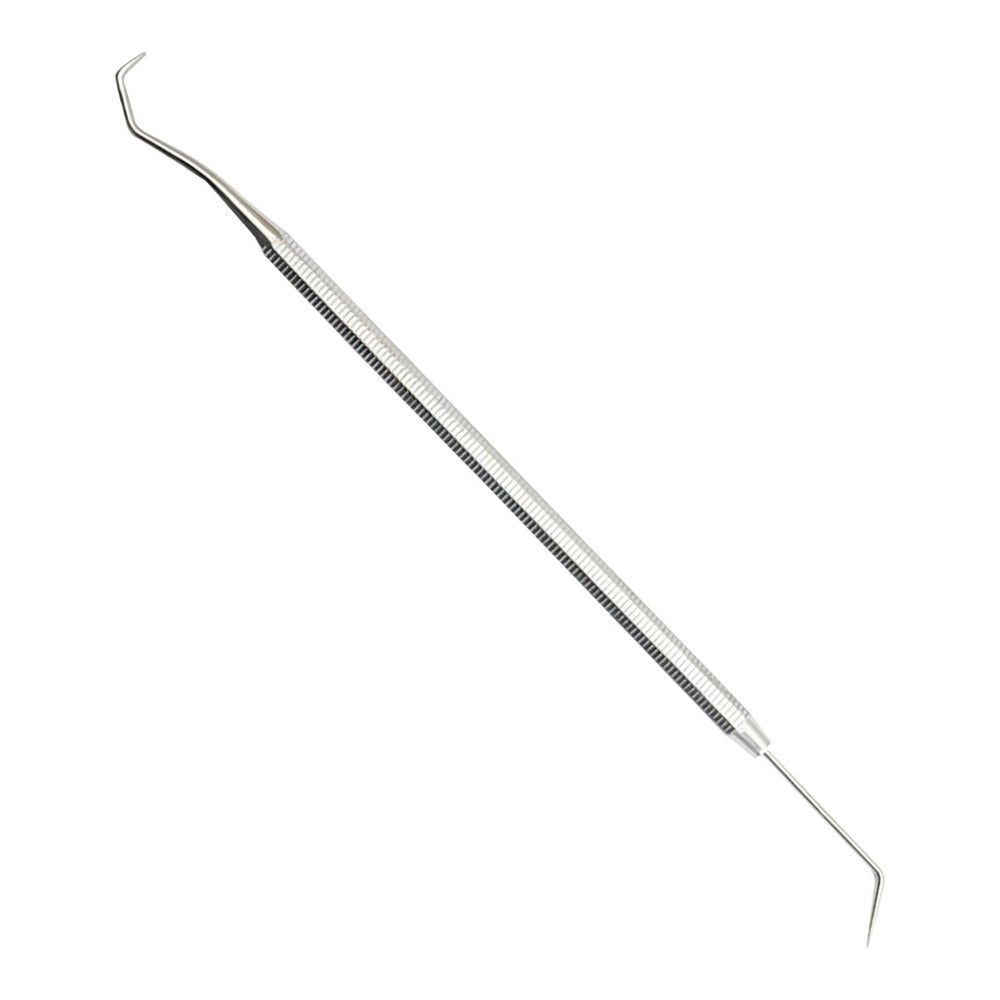 Metalen nagelvijl. Slanke, langwerpige handgreep met geribbeld oppervlak. Gebogen punten aan beide uiteinden.