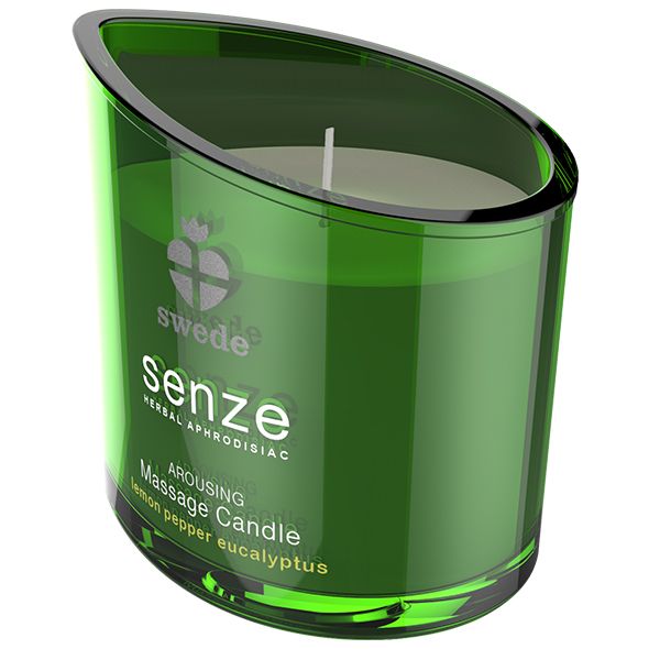 Bougie de massage verte avec mèche, parfum citron, poivre, eucalyptus.