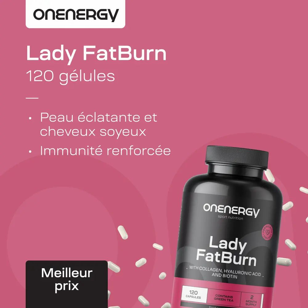Coureuse, à côté d'une bouteille OnEnergy Lady FatBurn et de gélules dispersées.