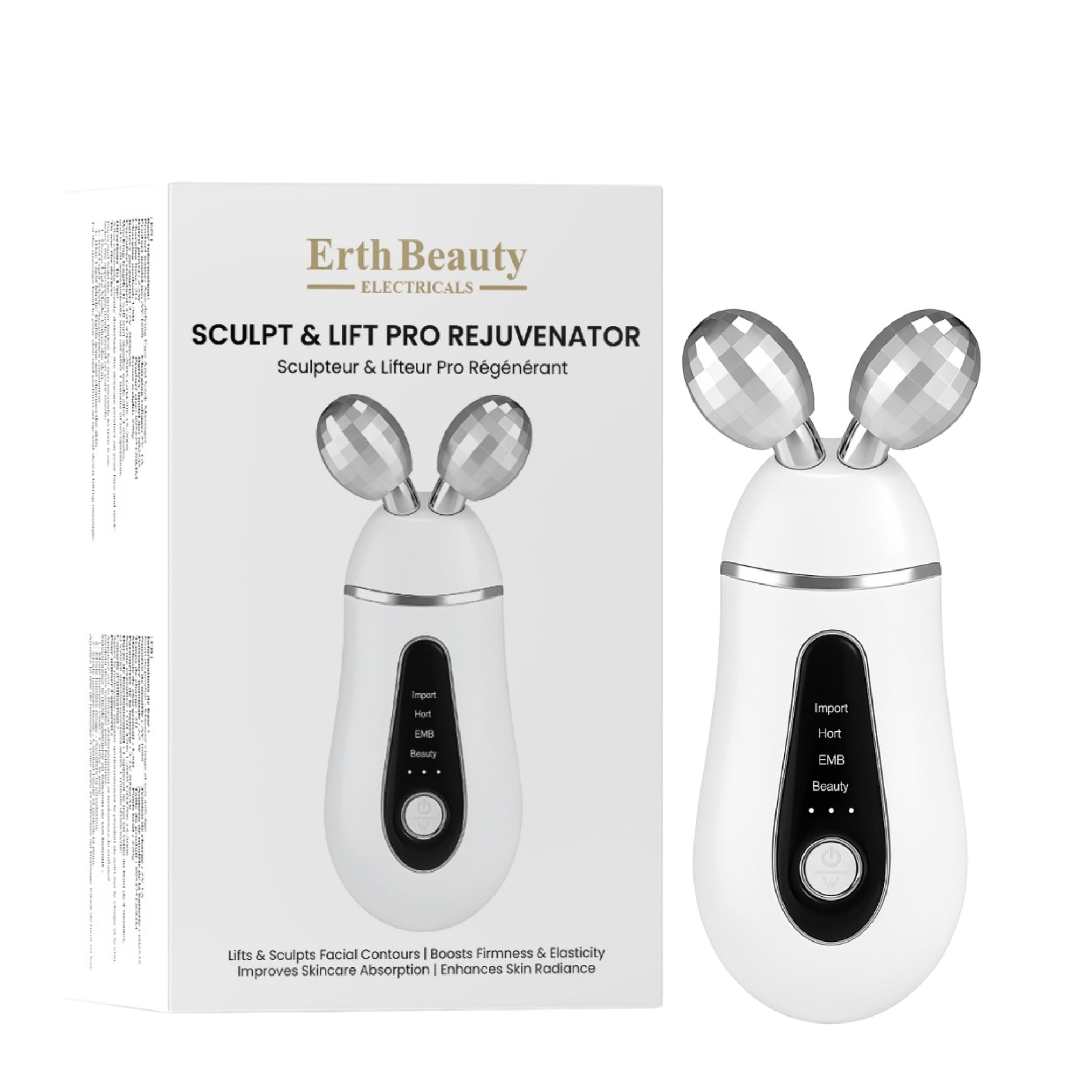 Wit apparaat met twee zilveren rollen, naast verpakking. Opschrift: Erth Beauty, Sculpt & Lift Pro Rejuvenator. Verpakking met productinfo.