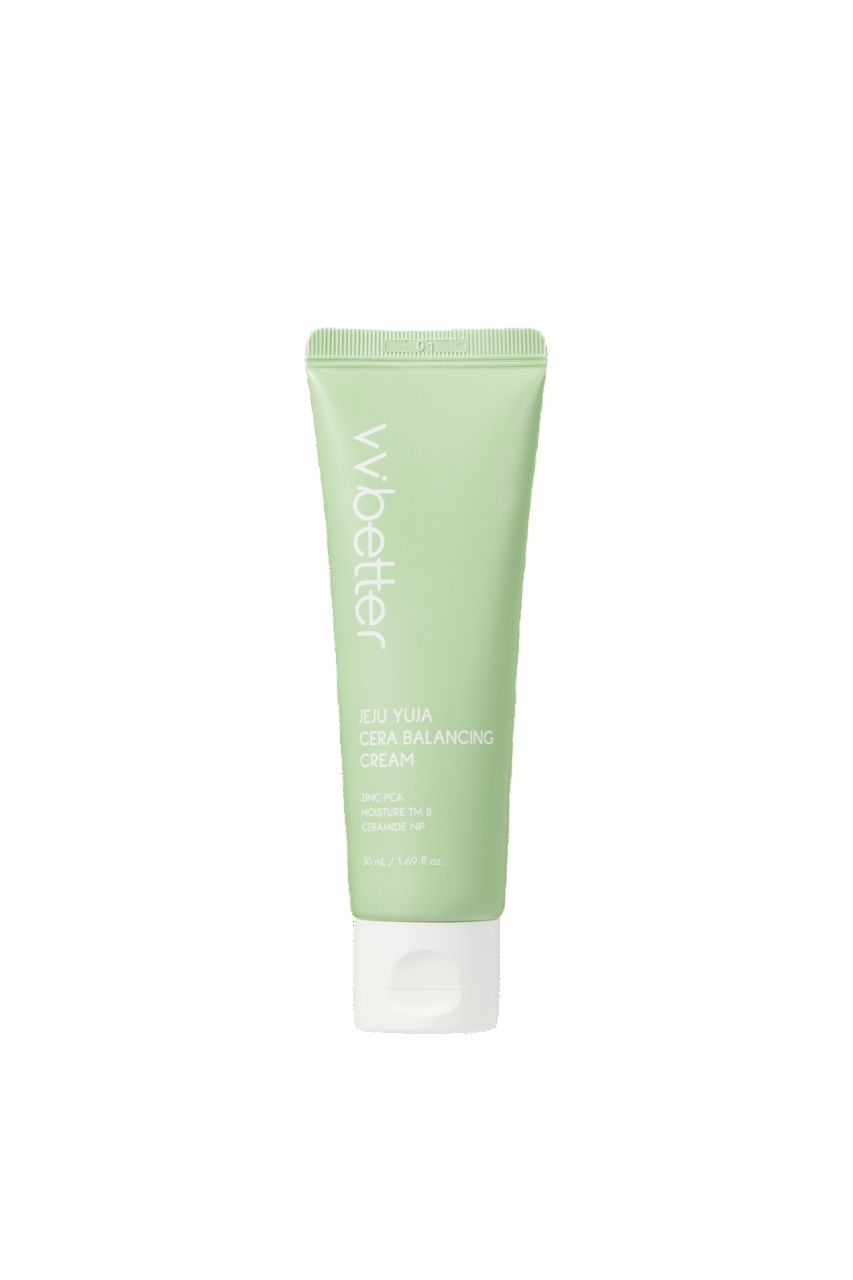 Tube vert clair avec bouchon blanc. Inscription : vvbetter, Jeju Yuja Cera Balancing Cream. Texte en dessous.