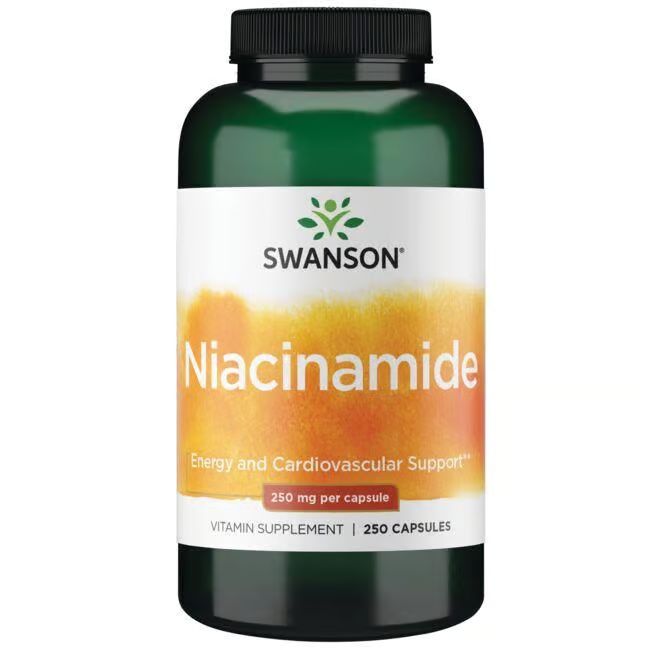 Flacon vert avec étiquette blanche. Inscription : SWANSON, Niacinamide, 250 mg. Complément vitaminique. Contient 250 gélules.