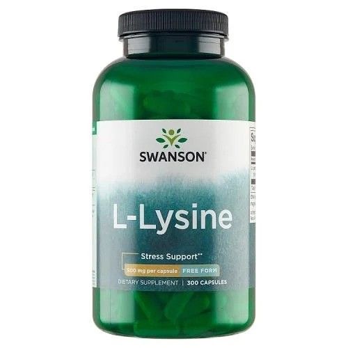 Bouteille verte de capsules de L-Lysine, 500 mg par capsule, 300 capsules.